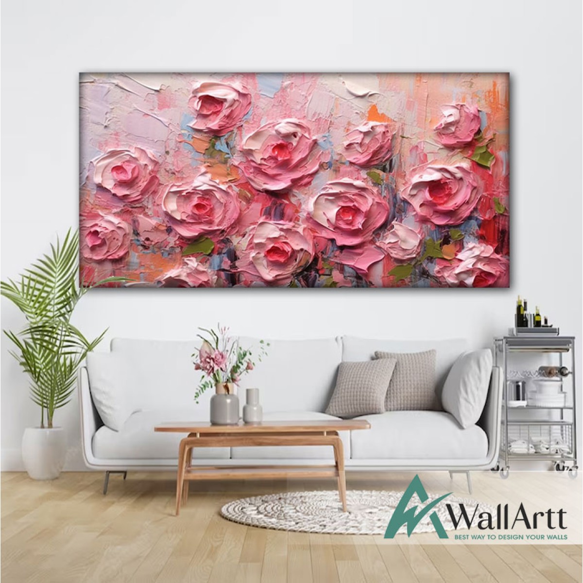 Abstract Pink Roses 3d Heavy Textured Partial Oil Painting